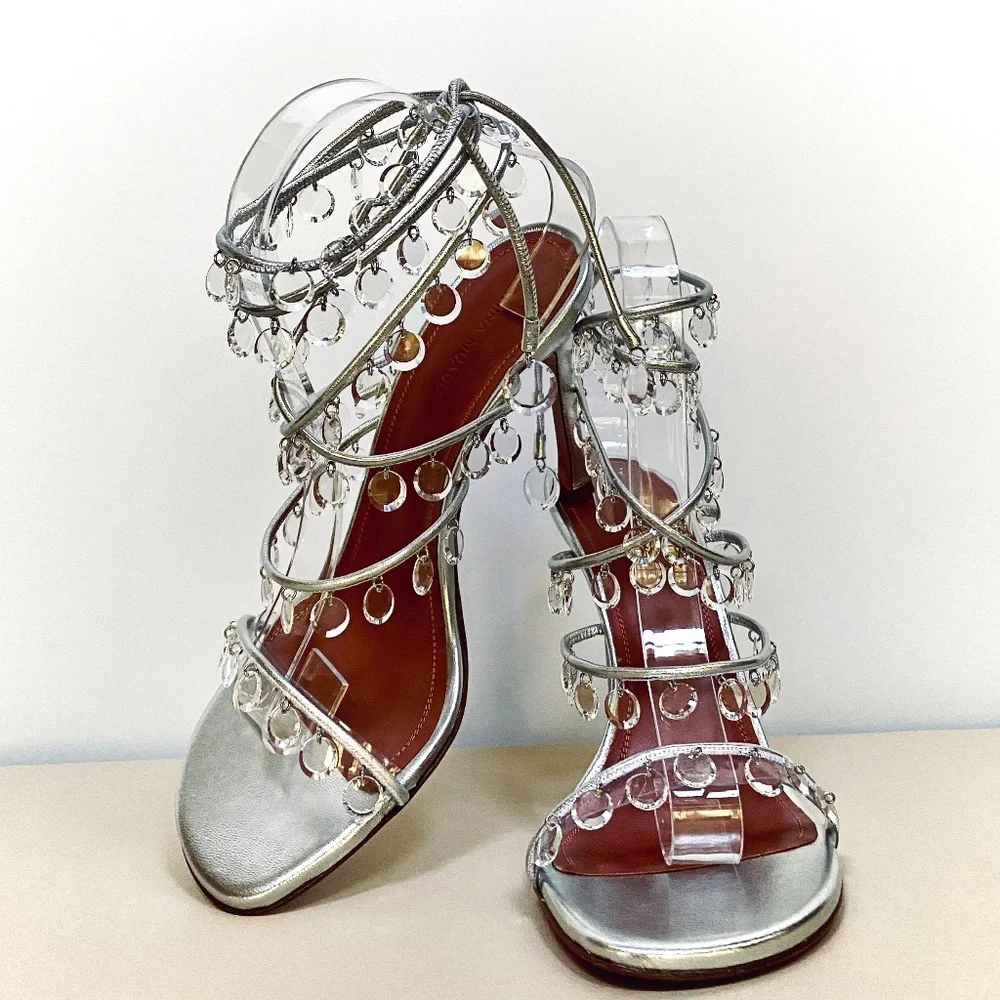 Amina Muaddi Tina Leather Ankle-Wrap Sandals With All Over Crystals-Appliques